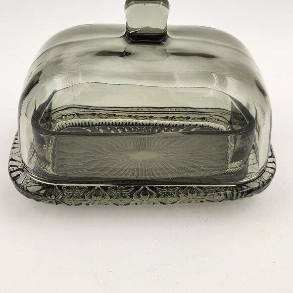 Vtg Smoky Quartz Glass Oversized Butter Cheese Dish Covered Lid Cut Design - Picture 7 of 9